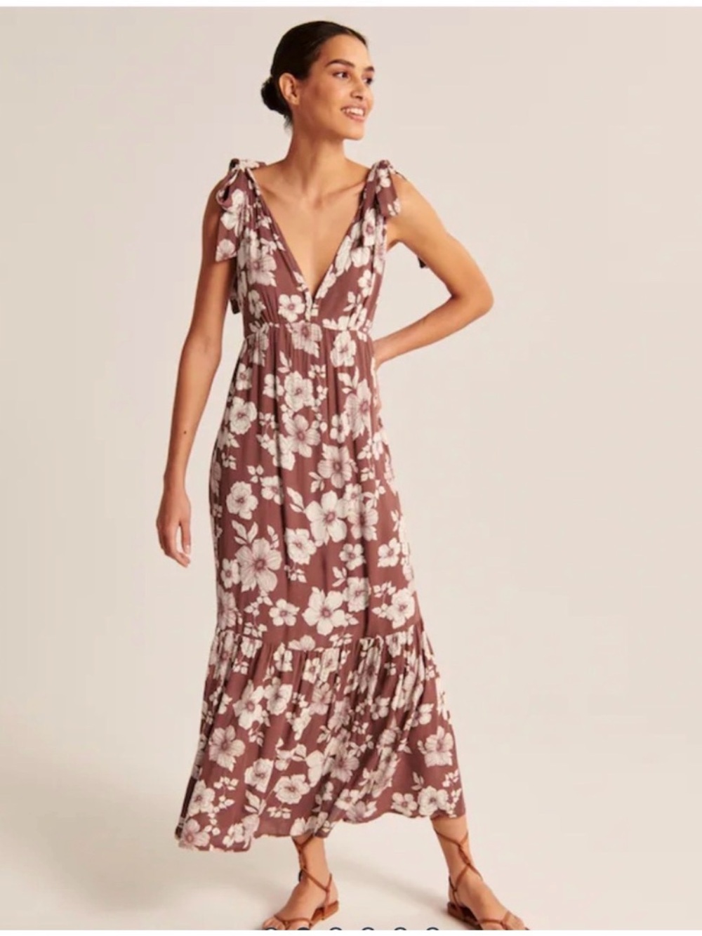 Abercrombie & Fitch Mauve Brown Floral Tie-Shoulder Midi Dress